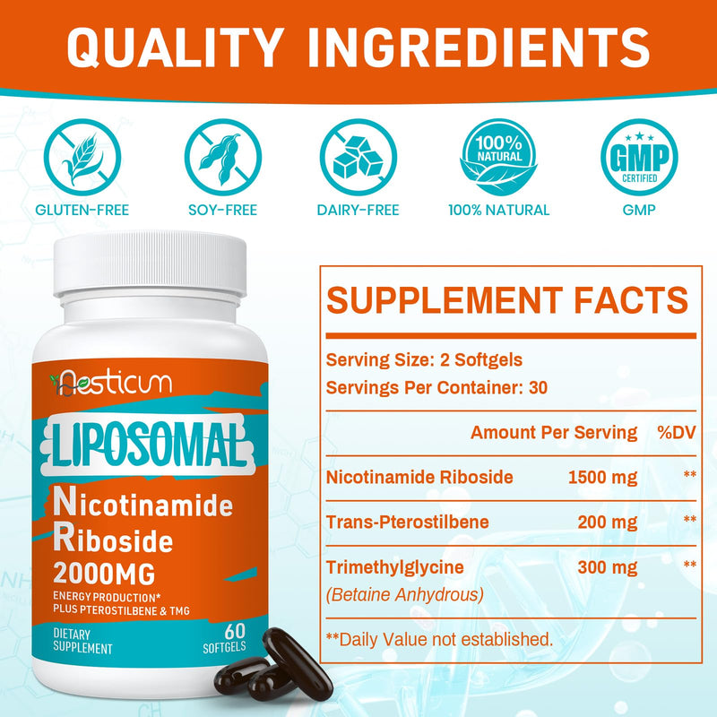 Aesticum 2000 mg Nicotinamide Riboside NMNH – Liposomal NR with TMG & Pterostilbene, NAD+, Energy, Immunity – 120 Softgels