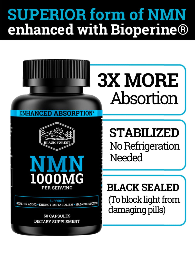 Black Forest NMN 1000mg Supplement – BioPerine Enhanced NAD Booster (60 Capsules)