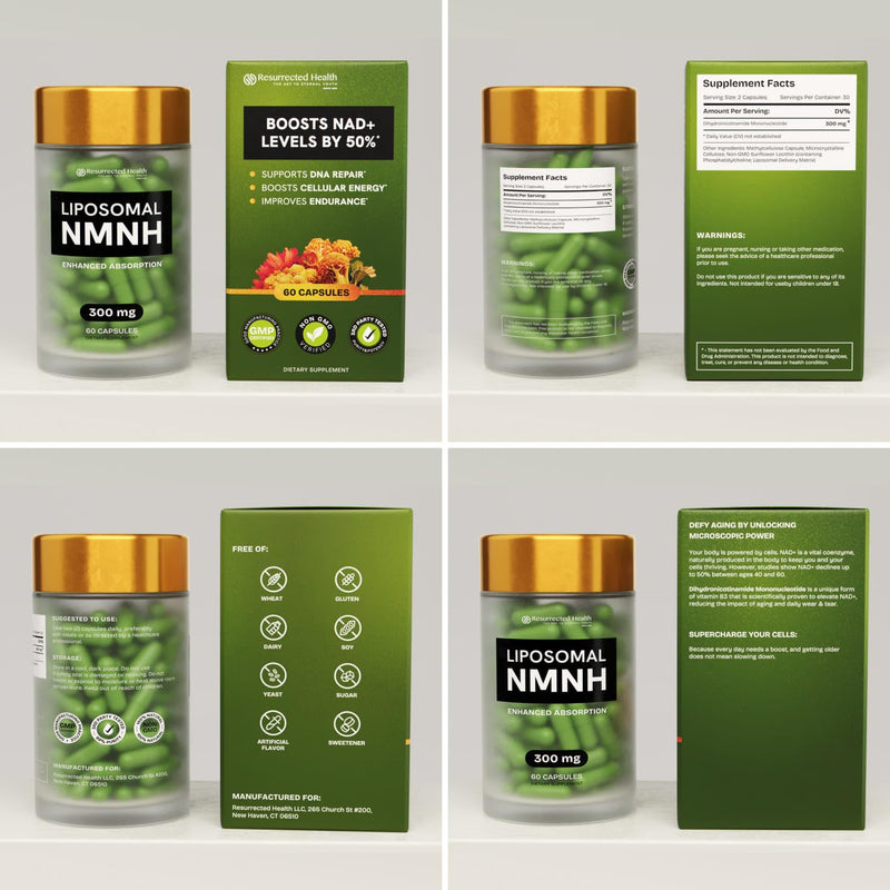 Resurrected Health Liposomal NMNH (300mg) – NAD+ Booster for Energy, Focus - 60 Capsules (4 Packs)
