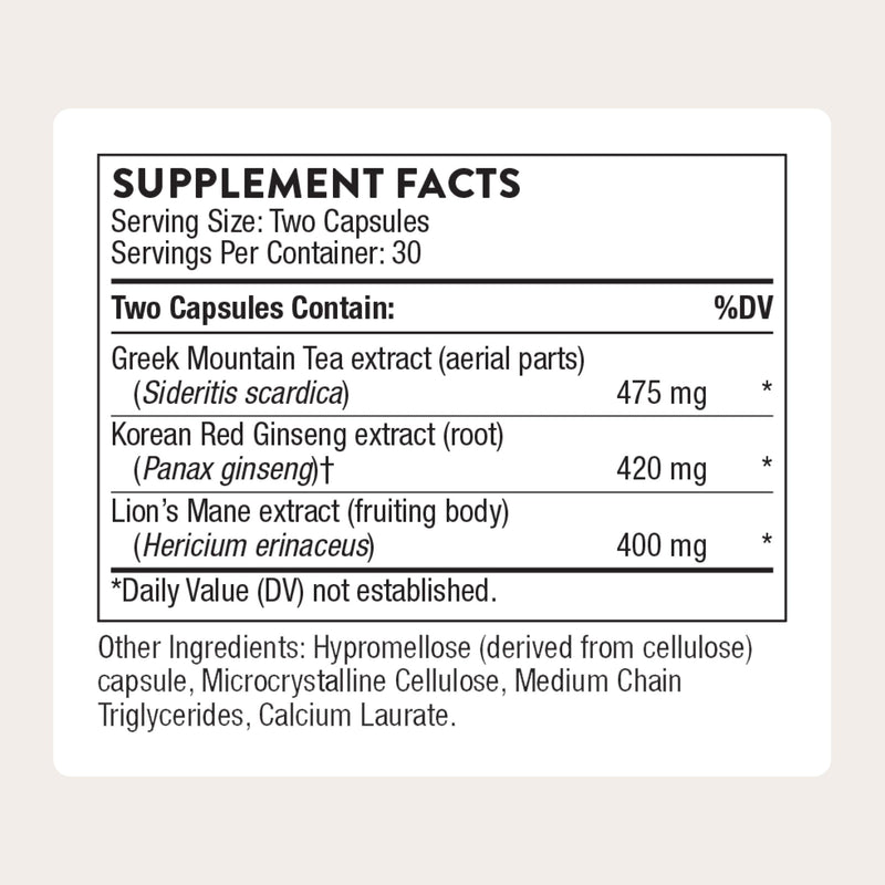 THORNE Ginseng Plus – Focus, Cognition & Memory Support with Korean Red Ginseng, Lion's Mane & Greek Mountain Tea | 60 Capsules