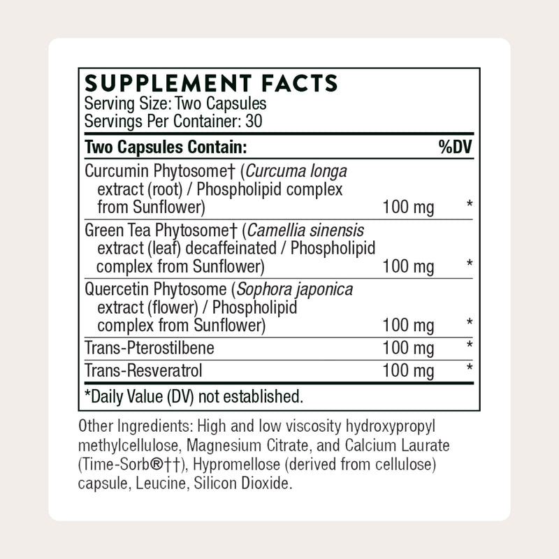 THORNE Resveratrol Complex – Trans-Resveratrol with Green Tea, Quercetin & Curcumin Phytosome (60 Caps) – Third-Party Certified