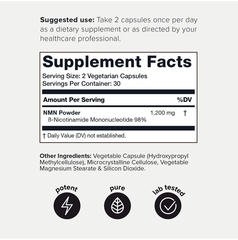 Toniiq NMN 1200mg – Stabilized, 98% Pure, Third-Party Tested, 60 Capsules